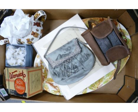 A mixed collection of items to include two large ceramic platters with an acorn design: Warwick boxed camera, brownie camera,