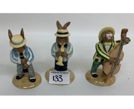 Royal Doulton Bunnykins Figures from the Jazz Band Collection:Figures comprising Trumpeter DB210, Clarinet Player DB184, Doub