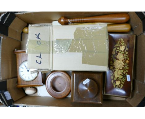 A mixed collection of item to include: Turned Wooden Battons, Inlais 20th Century Music Box, Wooden Tea Caddy, Tempera Mahoga