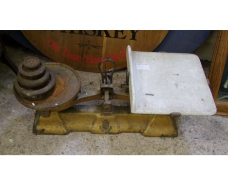 Antique set of kitchen scales :with enamelled tray and set of brass weights. 
