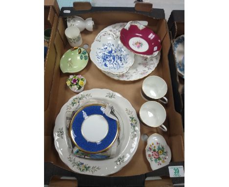 A mixed collection of items to include: Coalport handled platters, similar athlone - blue coffee cups &amp; saucers, hand pai