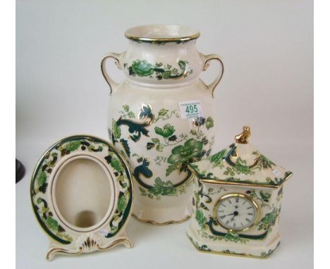 Masons large twin handled vase in the Chartreuse pattern: together with  mantle clock and picture frame (3) 