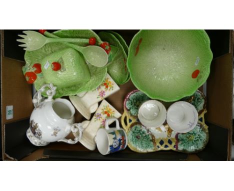 A mixed collection of items to include Beswick cabbage ware: bowls, salad tongs, dishes together with hand painted art deco v