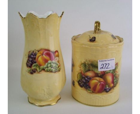 An Aynsley Orchard Gold tea caddy: together with a vase (a/f) height of tallest 21cm. 