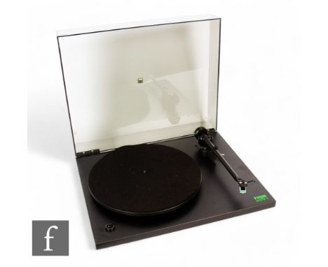 A Rega Planar 2 turntable record player, serial number 273803, on black plinth with dust cover.