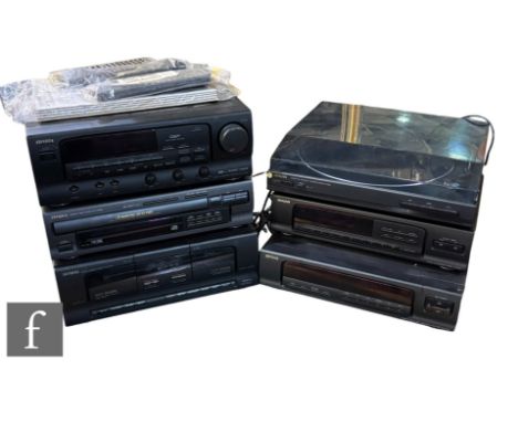 An Aiwa stacking music system, to include PX E800 turntable, TX 29100 Stereo Synthesizer, GE-Z7100 Graphic equalizer, MXZ7100