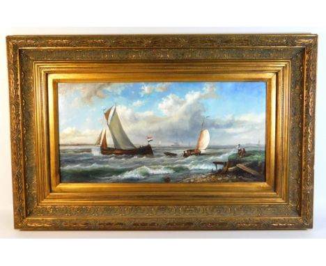 A Vicento De Luca (Italian school, 20thC.) oil on panel seascape with sailboats set within heavy gilt frame, image size 23in 