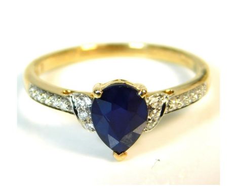 A Lorique 18ct gold ring set with natural pear shaped sapphire &amp; diamond, 2.5g, size N/O