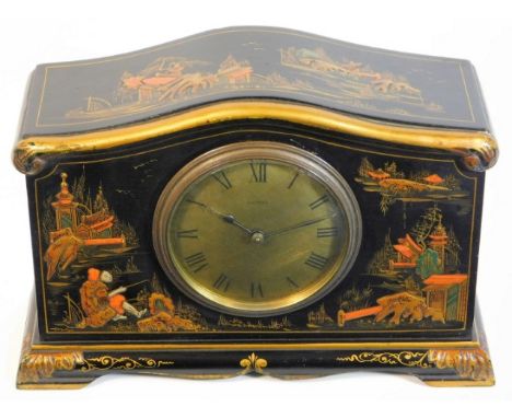 An Asprey mantle clock with Chinoiserie lacquered decor &amp; gilded dial, winds &amp; runs, 9.25in wide x 6.25in high