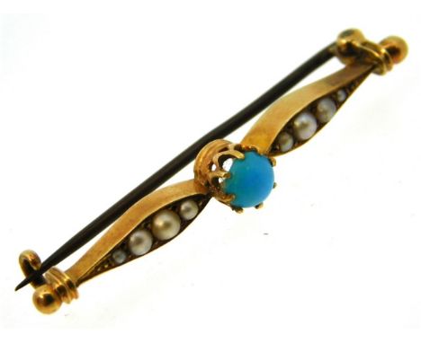 A Victorian yellow metal brooch set with pearl &amp; turquoise, electronically tests as 15ct gold, 2.3g
