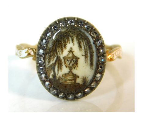 A George III memorial ring set with diamond, yellow metal electronically tests as 18ct gold, shank enamelled, some losses, wi