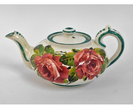 A Wemyss cabbage rose pottery teapot, restoration to spout, 7in wide x 3in tall
