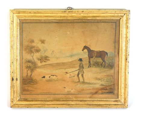 A gilt framed 18thC. watercolour of man &amp; horse with dogs hunting a hare signed F. Nash, dated 1796, image size 11in x 8.