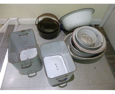 Early 20thC white enamel steel bowls and bins  largest 18''dia        BSR