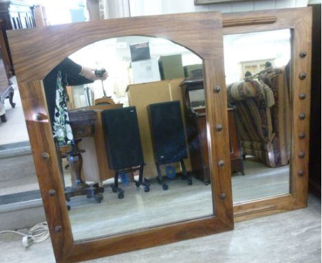 Two similar mirrors, set in mitred hardwood frames with applied, turned button ornament  40'' x 33'' & 40'' x 27''       BSR