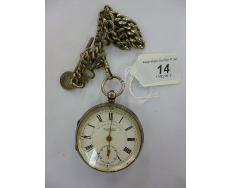 A silver cased pocket watch, faced by an enamel Roman dial  Birmingham 1902; and a white metal watch chain       11