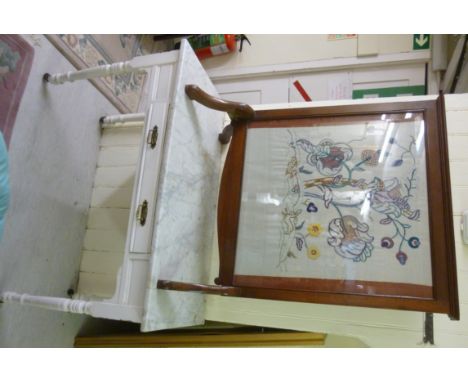 Furniture: to include a mid 20thC mahogany firescreen, set with a glazed needlework panel, raised on splayed cabriole legs  3