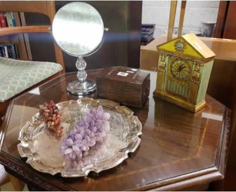 SHELF WITH CARVED STUDIO CLOCK, SMALL CASKET, SWING MIRROR, DRINKS TRAY &amp; SEMI PRECIOUS GRAPE ORNAMENTS