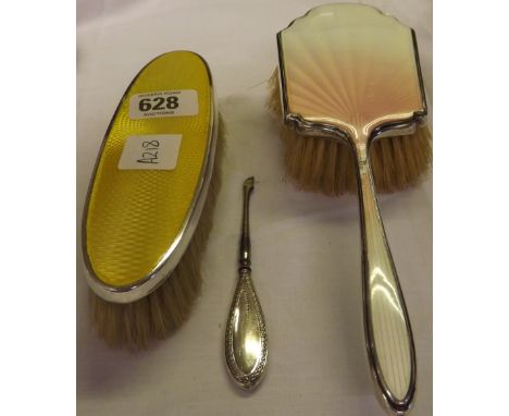 2 ENAMEL BACK SILVER MOUNTED HAIR BRUSHES