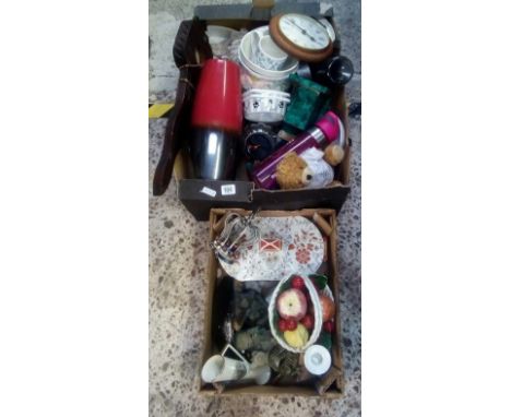 TWO CARTONS OF MIXED CONTENTS INCL: SMALL ROUND CLOCK, CHINAWARE &amp; BRIC-A-BRAC
