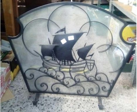 WROUGHT IRON BLACK FIRE SCREEN DEPICTING A SAILING GALLEON