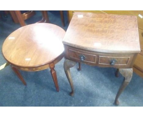 SMALL MAHOGANY HALL TABLE WITH BOW FRONT &amp; DRAWER PLUS CIRCULAR MAHOGANY COFFEE TABLE WITH INLAID DECORATION