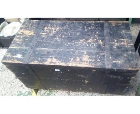WOODEN BLACK METAL BOUND TRUNK