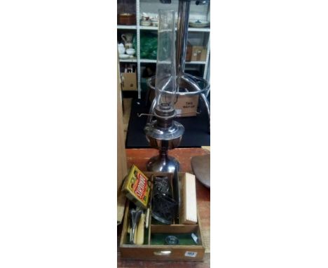 WHITE METAL PARAFFIN LAMP &amp; CHIMNEY &amp; SMALL QTY OF MIXED PLATEDWARE WITH DRAUGHTS &amp; DOMINO'S