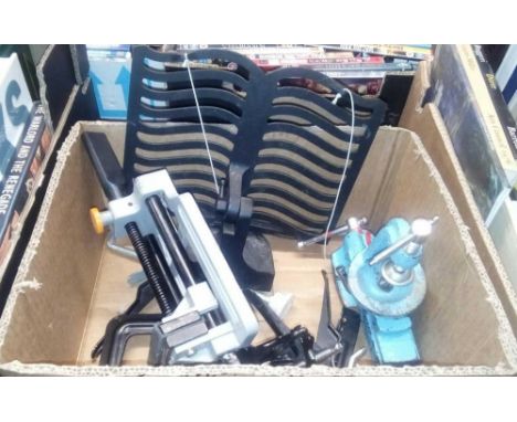 CARTON CONTAINING CAST IRON MODERN BOOK REST, 2 MODEL ENGINEERS VICES &amp; 2 CLAMPS