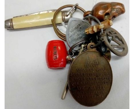 KEY RING WITH COINS, COPPER SKULL, MEDALLIONS &amp; PENKNIFE