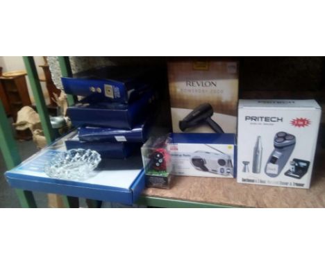 DIGITAL BATH SCALE, REVLON POWER DRY 200 HAIR DRIER, PRITECH 3 HEAD SHAVER, SMALL RADIO ALL IN BOXES &amp; GLASS ASHTRAY WITH