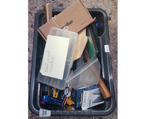 CARTON WITH SMALL UNUSED HAND TOOLS OF VARIOUS DESCRIPTIONS, HAMMERS, PLIERS, TWEEZERS, SHARPENING STONES