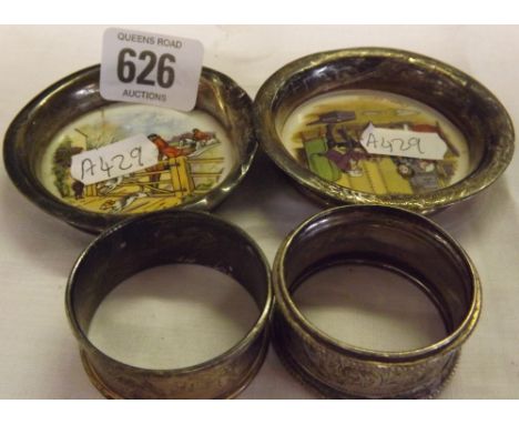 2 SILVER NAPKIN RINGS &amp; 2 SMALL SILVER &amp; CERAMIC PIN DISHES