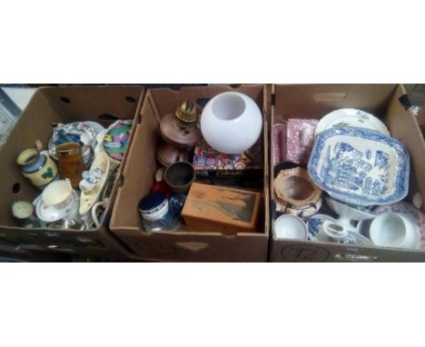 3 CARTONS OF MIXED CHINAWARE INCL: CHEESE DISHES, VASES, COPPER OIL LAMP &amp; GLASS PAPER WEIGHTS PLUS OTHER BRIC-A-BRAC