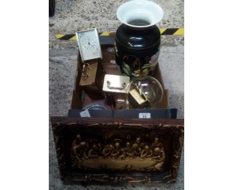 CARTON WITH 3 GOLD COLOURED CARRIAGE CLOCKS, RESIN CARVING OF THE LAST SUPPER, CLOCK IN DOME &amp; LARGE BLACK FLOWERED VASE