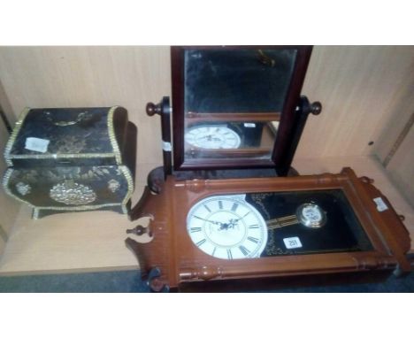 SMALL MAHOGANY SWING MIRROR, JEWELLERY CASKET &amp; PENDULUM WALL CLOCK