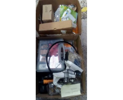 TWO CARTONS OF MIXED NEW TOOLS, INCL: SANDING BELTS, DOWEL SET, SOLDERING  STATION, GLUE GUNS &amp; OTHER TOOLS