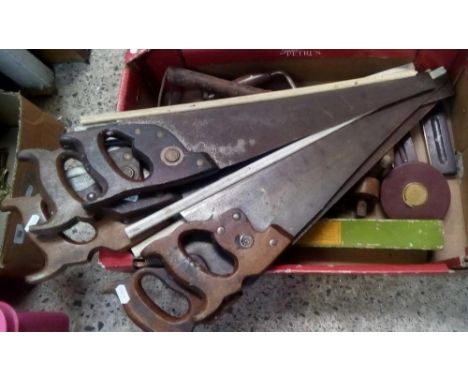CARTON WITH VINTAGE PANEL SAWS, SQUARES, BRACES, STEEL MEASURING TAPE &amp; RATCHET SCREW DRIVER