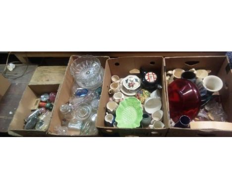 4 CARTONS OF MISC GLASS WARE INCL: TEA POTS, CLOCK, GLASS JARS &amp; BRIC-A-BRAC
