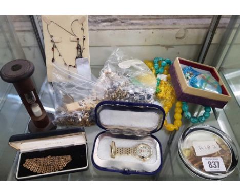 SHELF WITH MIXED BEADS, COSTUME JEWELLERY, SALT TIMER, PAPERWEIGHT &amp; WATCH