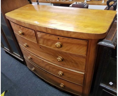 VICTORIAN BOW FRONTED CHEST OF 3 LONG &amp; 2 SHORT DRAWERS (POSSIBLY CHESTNUT)