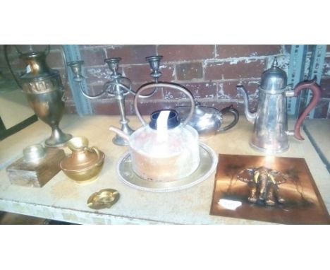 SHELF WITH MISC METAL WARE INCL: COFFEE POT, URN, 3 BRANCH CANDLE STICK &amp; A COPPER KETTLE