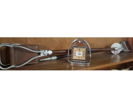 UNUSUAL LEATHER FRAMED SMITH'S ALARM CLOCK IN A STIRRUP &amp; 2 SHOOTING STICKS