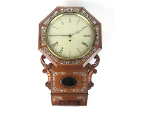 A late 19th century rosewood and mother of pearl inlaid drop dial wall clock, the enameled face with Roman numerals and a fus