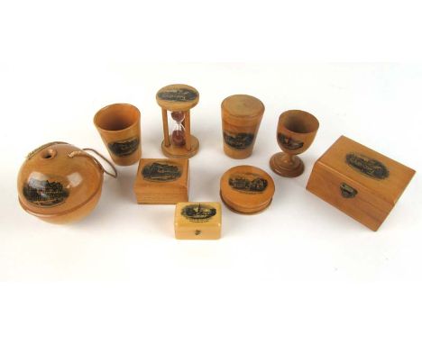 A collection of Stratford upon Avon related Mauchline ware items to include boxes, beakers, sand timer etc.