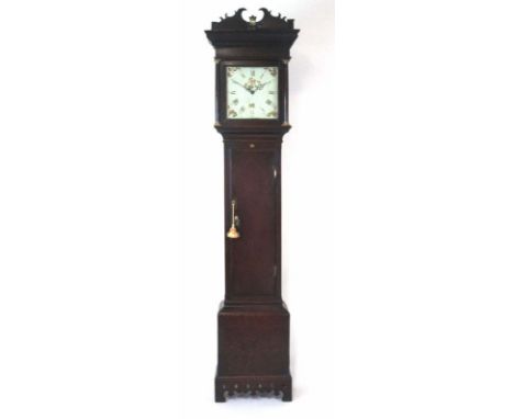 An 18th century oak longcase clock, the cornice over an enameled and hand painted face with Roman numerals, pierced hands and