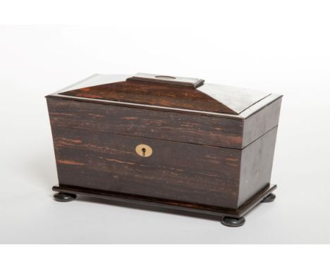 A SARCOPHAGUS-SHAPED WILLIAM IV PERIOD CALAMANDER-WOOD TEA CADDY, the rectangular moulded top opening to reveal two lidded ca
