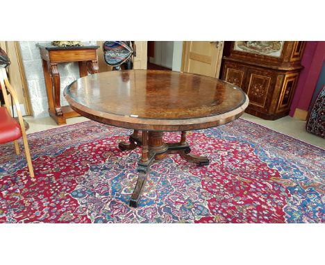 A FINE CIRCULAR VICTORIAN WALNUT AND MARQUETRY BREAKFAST TABLE, the moulded top with a band of floral inlay, raised on tripod