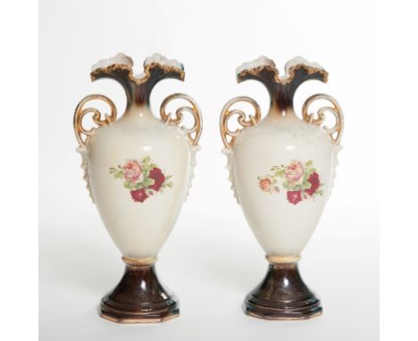 A PAIR OF EDWARDIAN TRANSFER PRINTED VASES, each with two gilt handles, 18" (46cm)h; together with a small nickel plated oil 