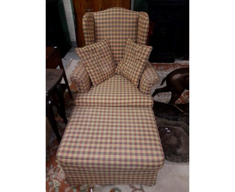 A MODERN GEORGIAN STYLE WING-BACK ARMCHAIR, with loose cushion seat, raised on square front-moulded legs covered in a check, 